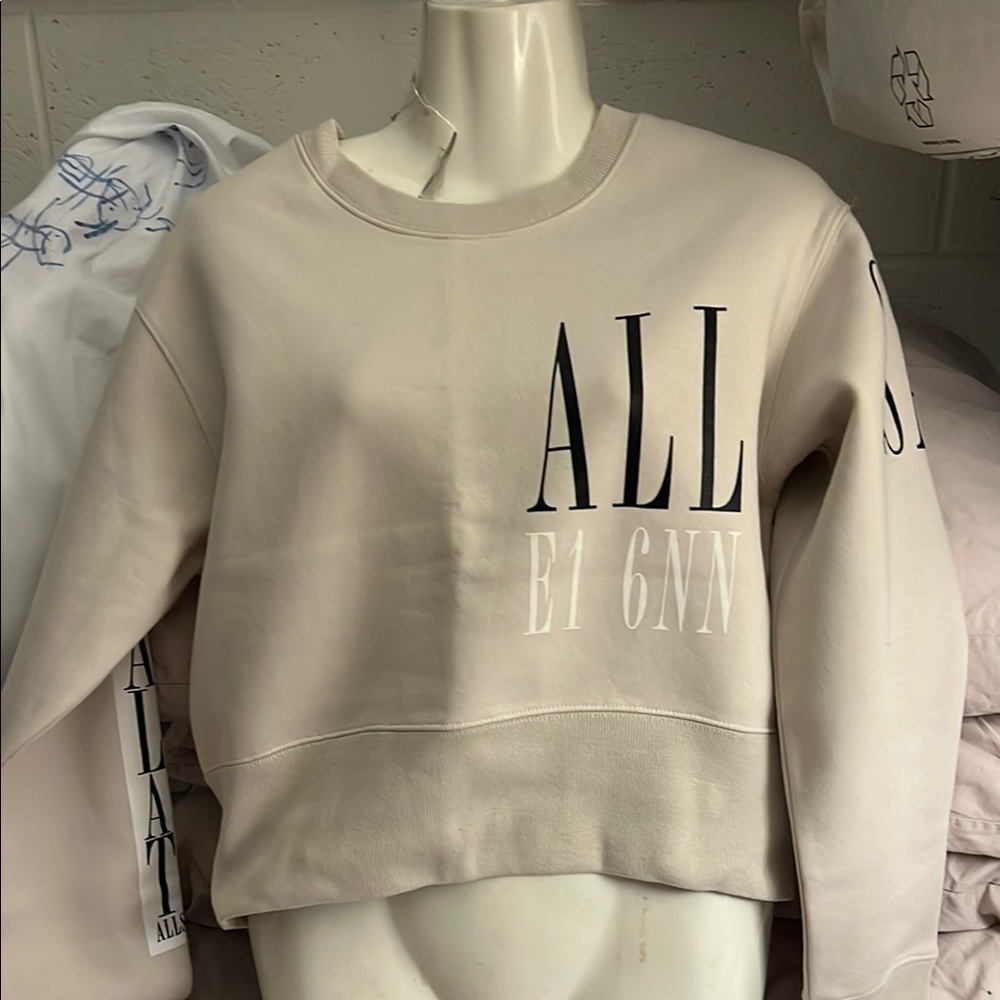 All Saints Cream Crew Neck Sweater with Ribbed Collar